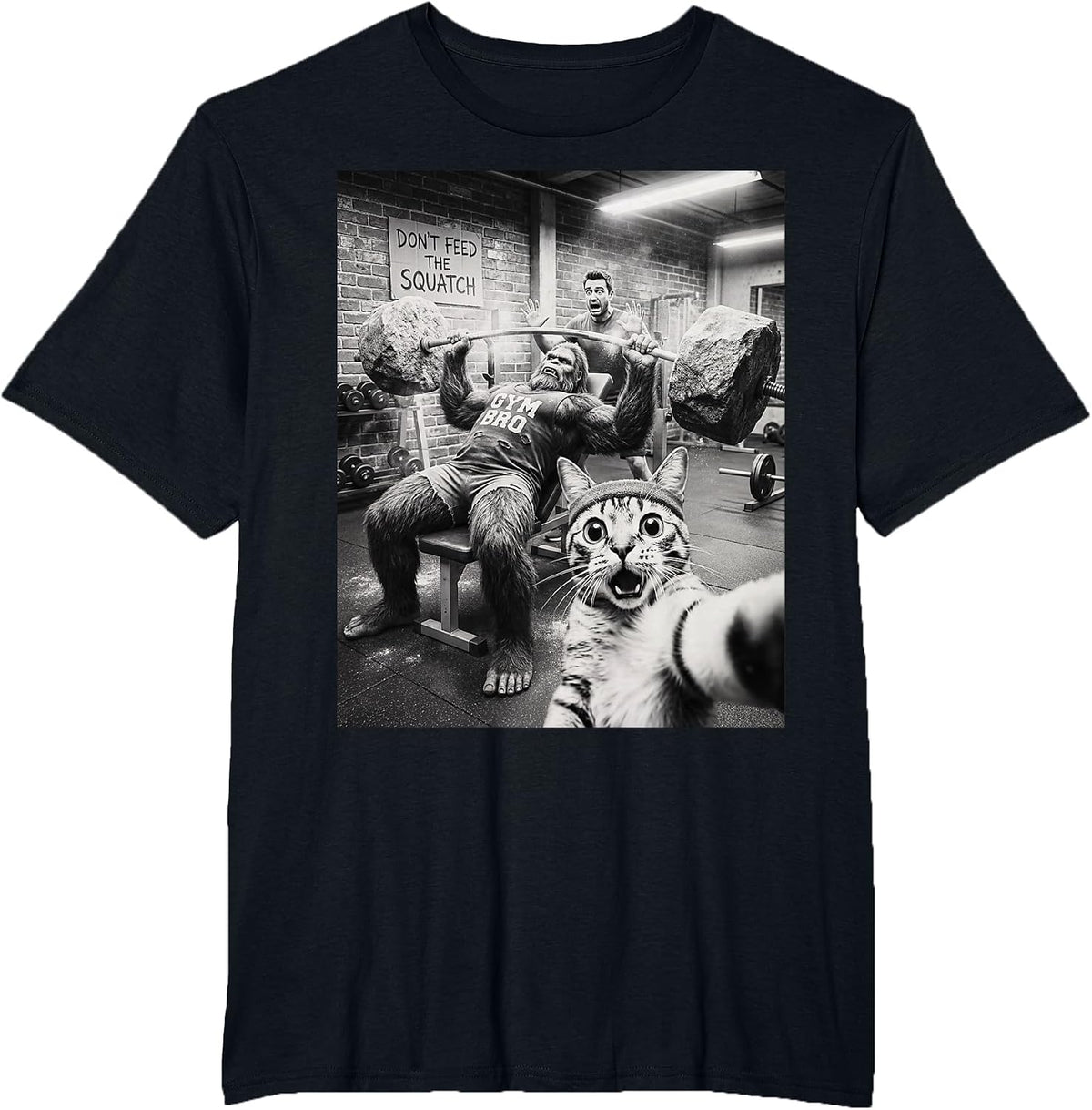 Cat Selfie Funny Bigfoot Gym Bro Weightlifting Workout T-Shirt - Black