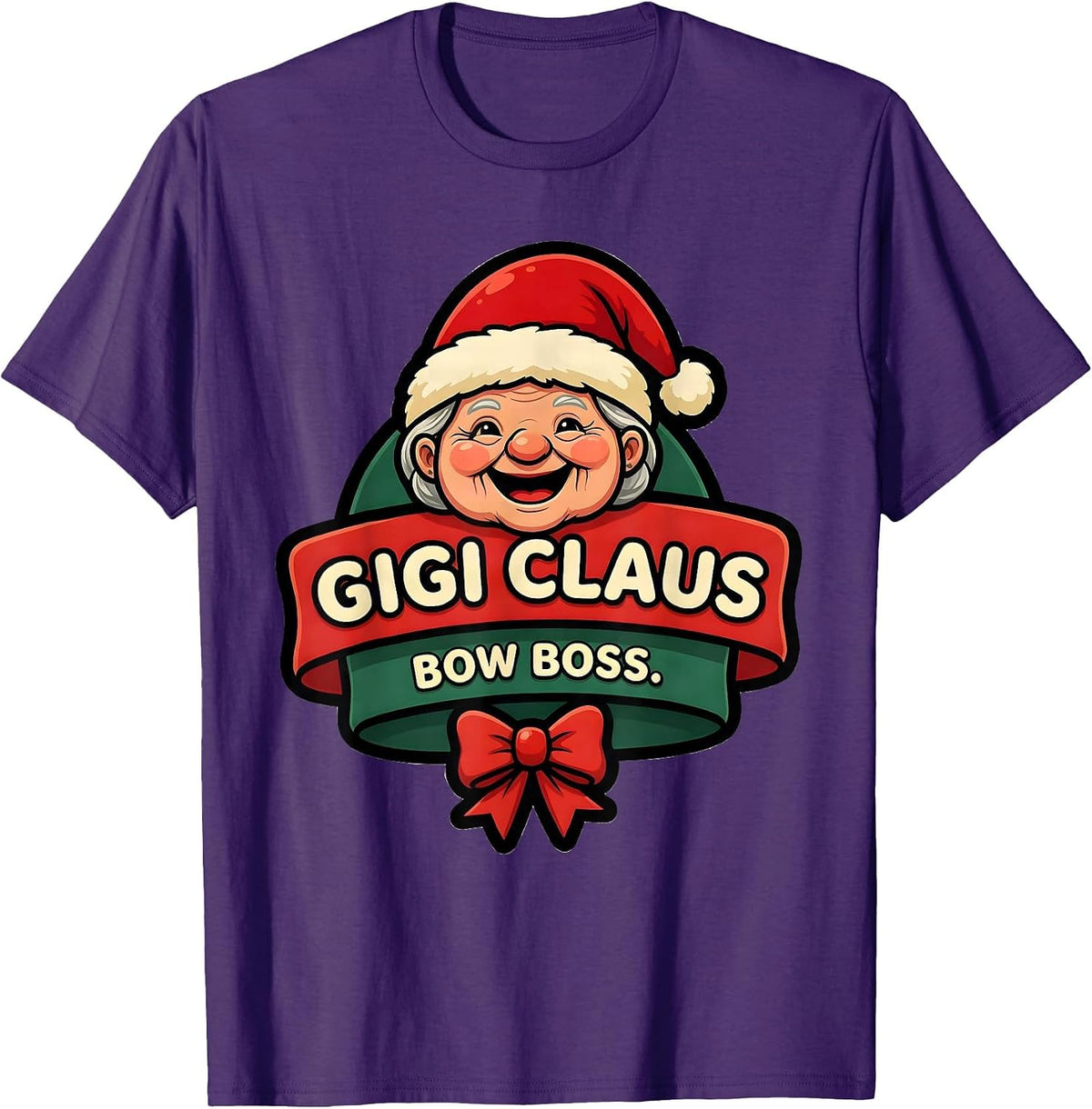 Gigi Claus Bow Boss Cartoon Grandma Santa Hat Family T-Shirt - Purple