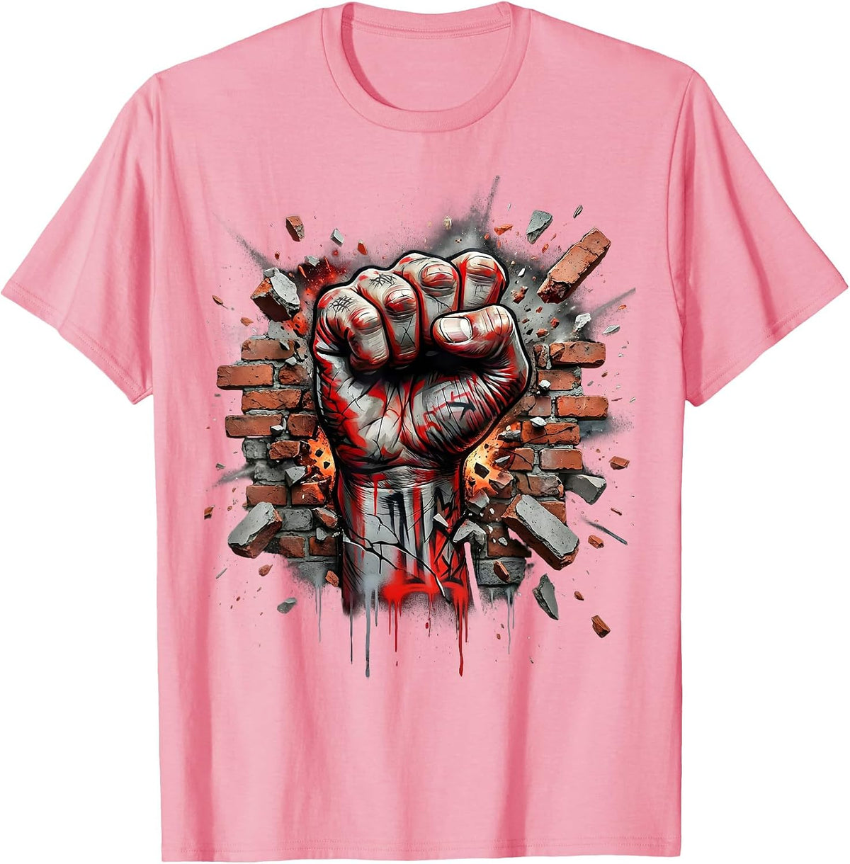 Punk Rock Fist Through Brick Wall Graphic Tee T-Shirt - Pink