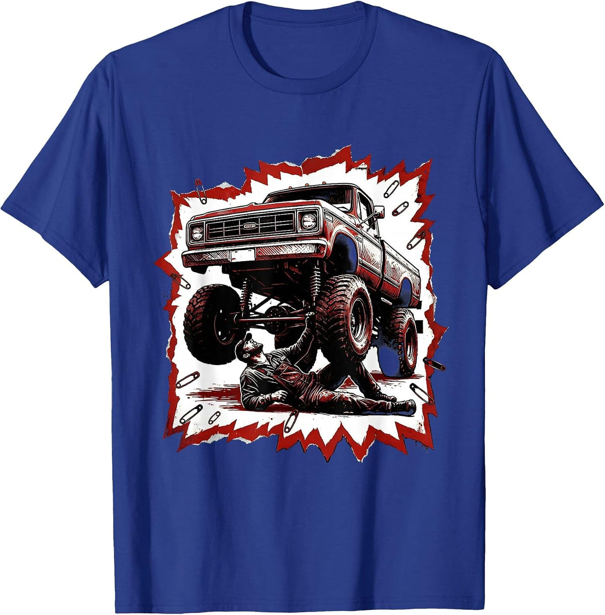 Mechanic Silhouette Under Raised Classic Truck T-Shirt - Royal Blue