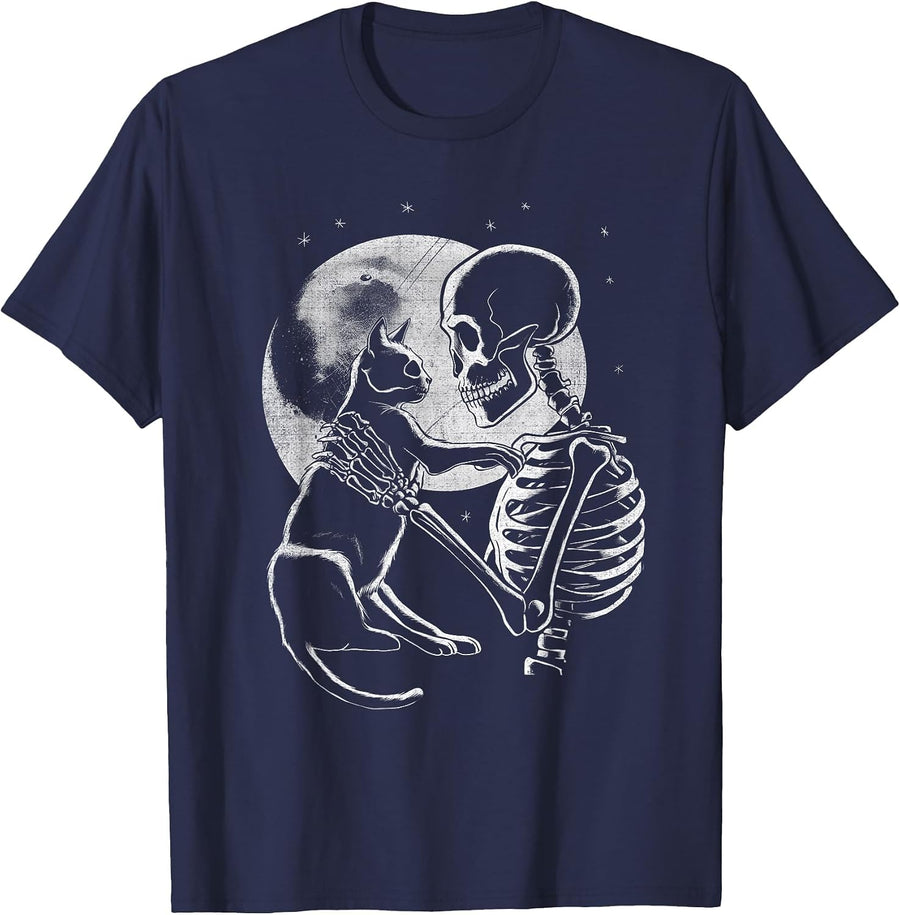 Skeleton Holding A Cat Funny Halloween Men Women Girl Kids T-Shirt - Navy Blue