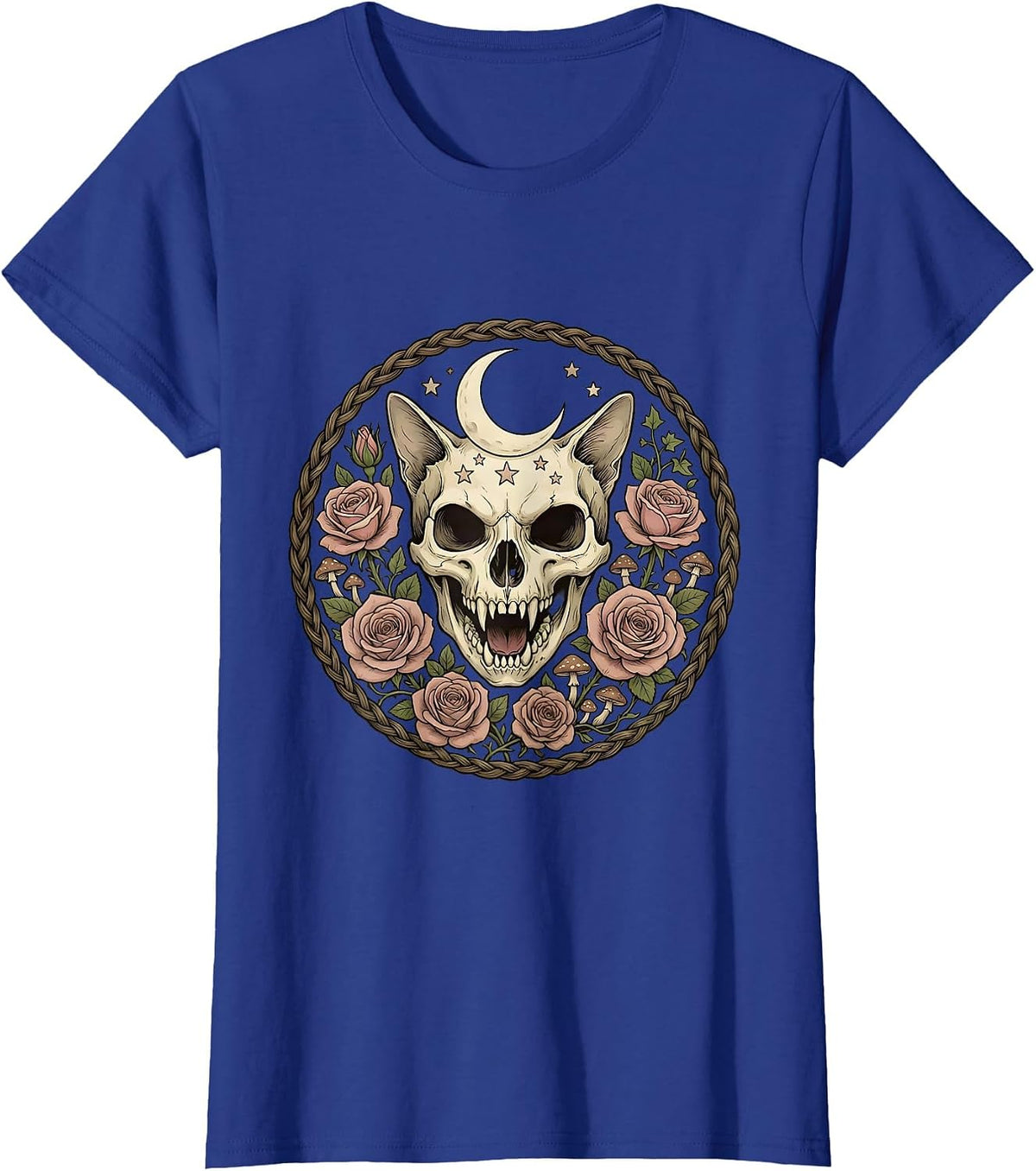 Women's Snarling Cat Skull With Roses Gothic Art T-Shirt - Royal Blue