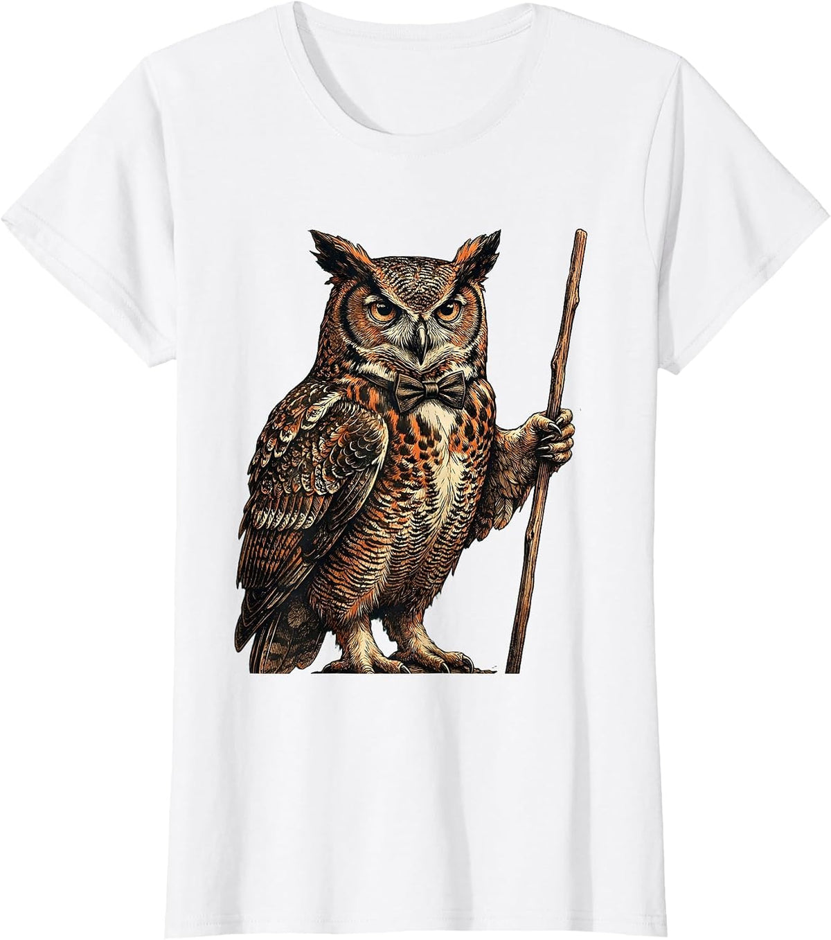 Women's Owl Professor Bow Tie Pointer Illustration T-Shirt - White
