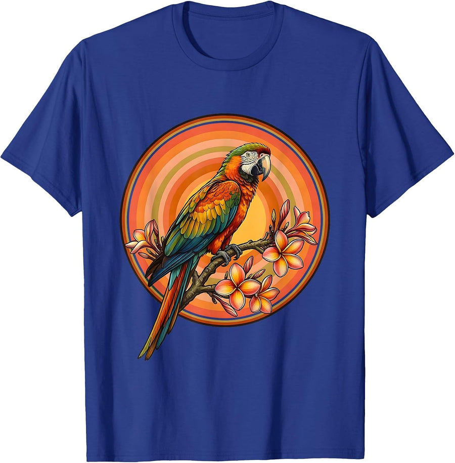 Macaw on Plumeria Branch Hawaiian Graphic T-Shirt - Royal Blue