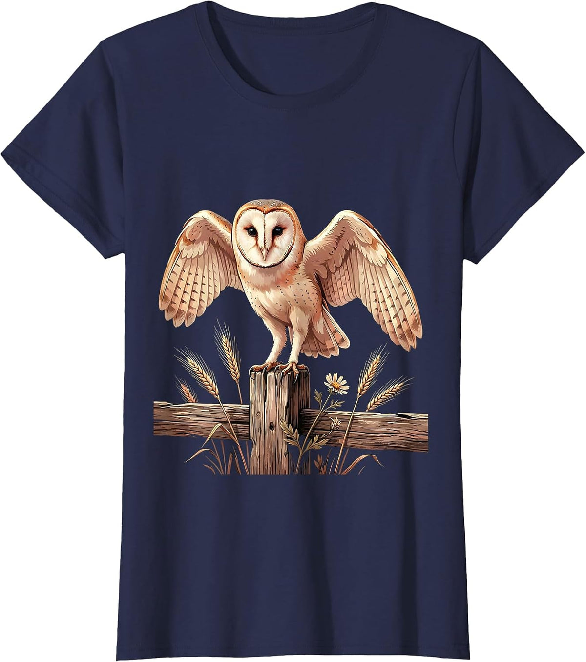 Women's Barn Owl Perched on Fence Post Illustration T-Shirt - Navy Blue