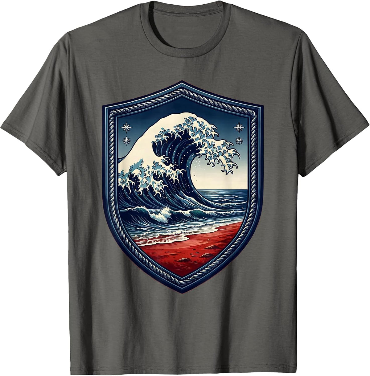 Red White and Blue Wave Crashing on Sandy Shore T-Shirt - Asphalt Grey