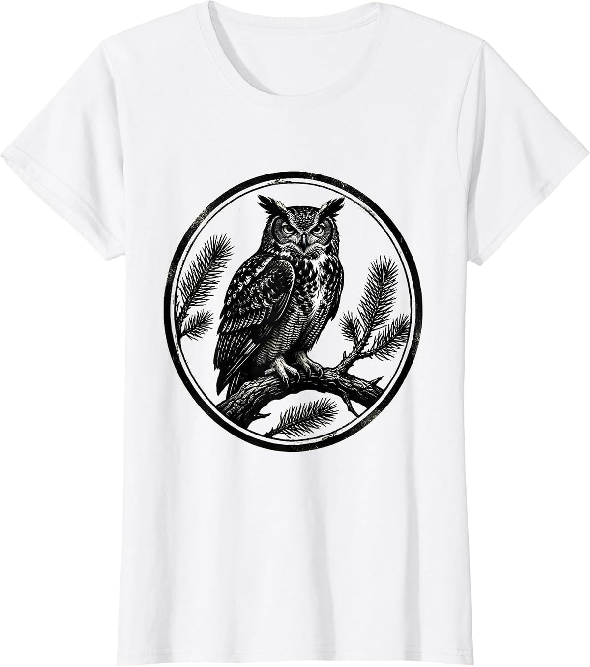 Women's Great Horned Owl Scratchboard Vintage Forest Wildlife Nature T-Shirt - White