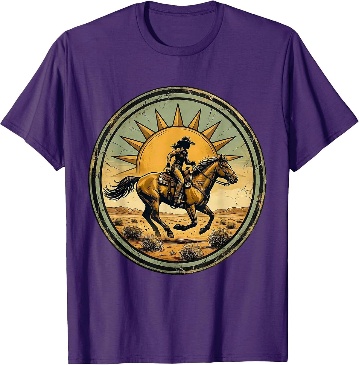 Men's Cowgirl on Horseback Chasing Tumbleweeds T-Shirt - Purple