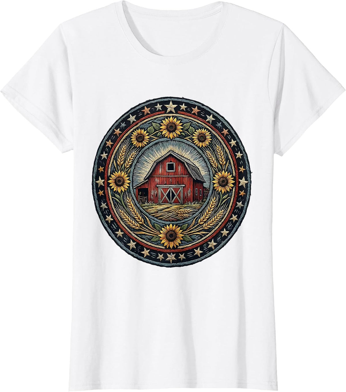 Women's Red Barn Blue Sky Stars Patriotic Country Design T-Shirt - White