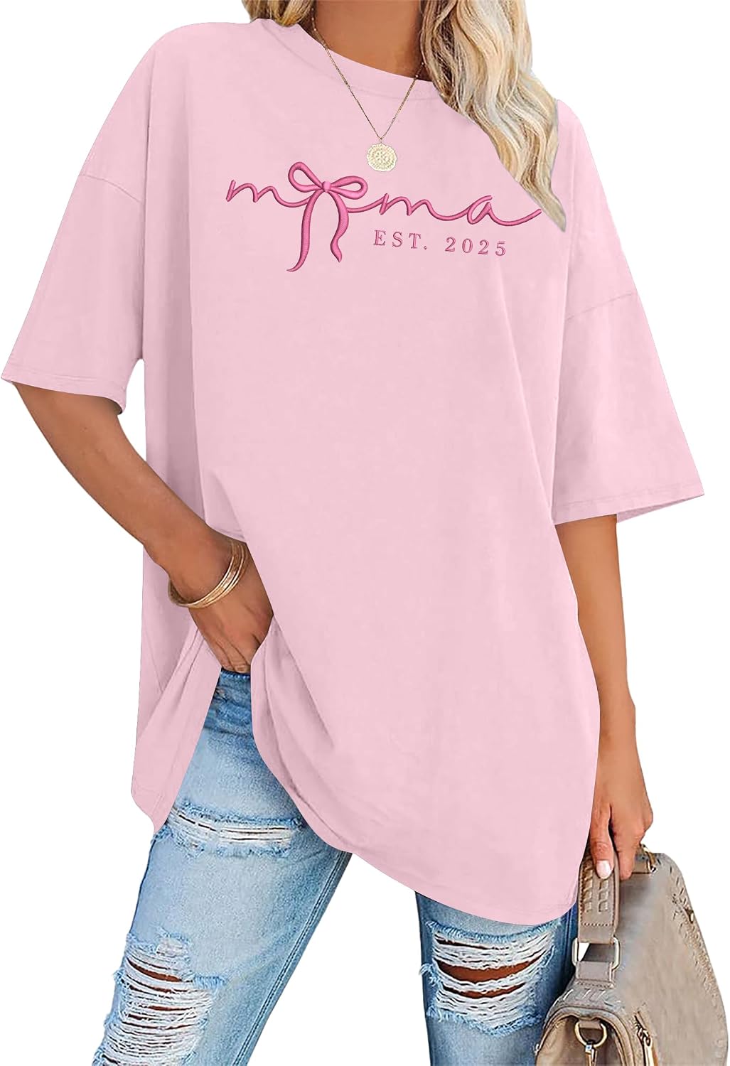 Mama Shirt for Women Embroidered Mama Letter Print Oversized T-Shirt Mom Life Short Sleeve Tee - Pink