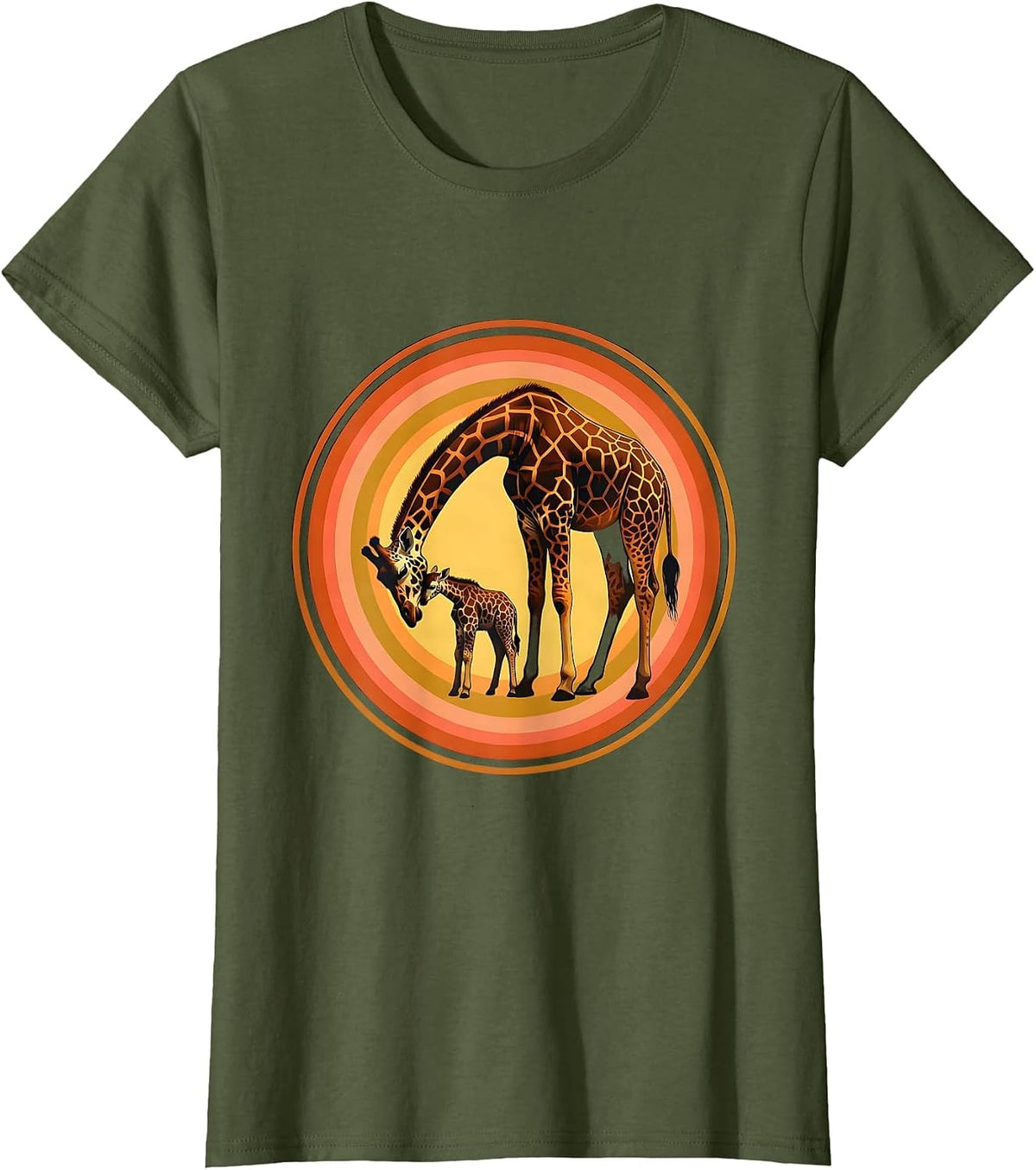 Women's Mother Giraffe and Cub Tender Moment Illustration T-Shirt - Olive Green