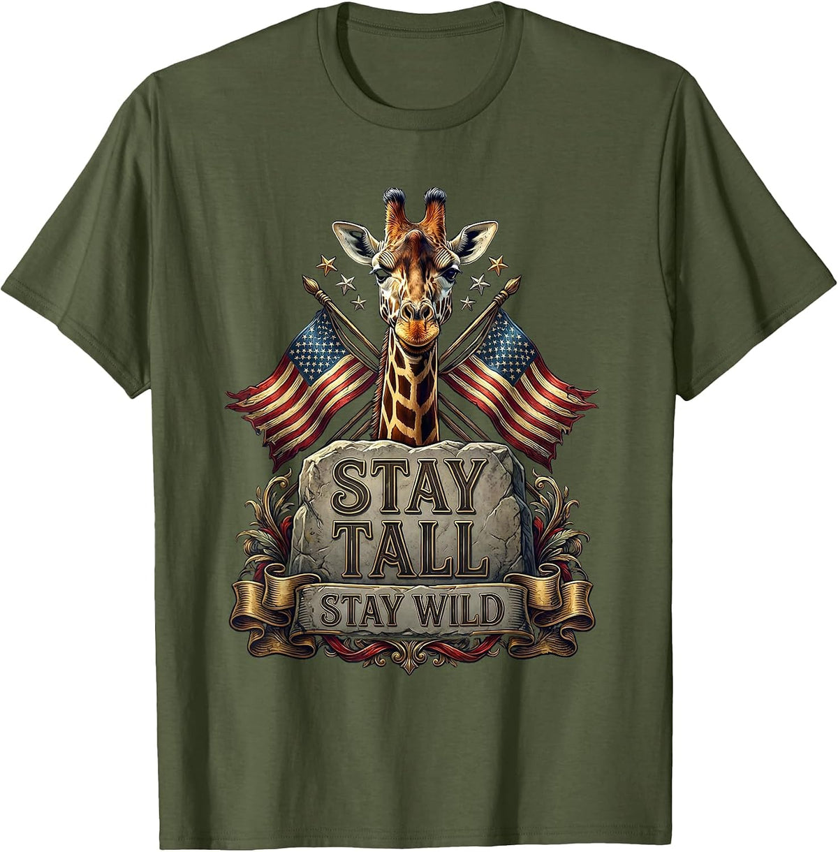 Stay Tall Stay Wild Giraffe Nature Design T-Shirt - Olive Green