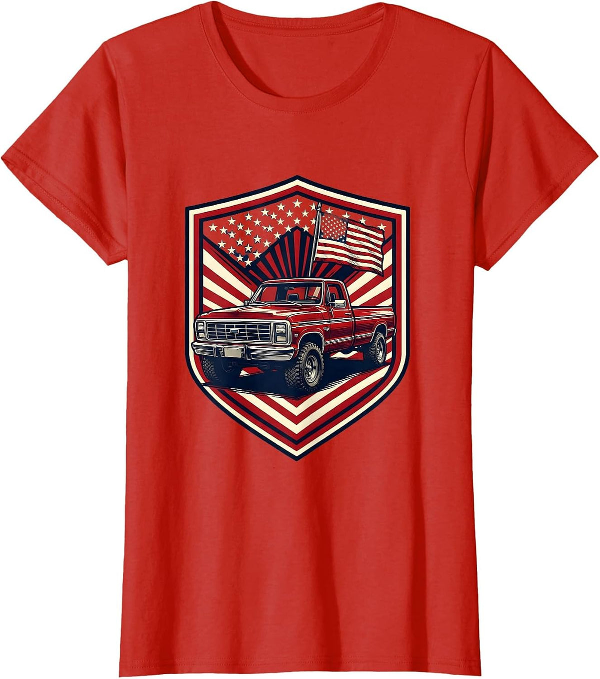 Patriotic Old Pickup Truck with Flag Graphic T-Shirt - Red