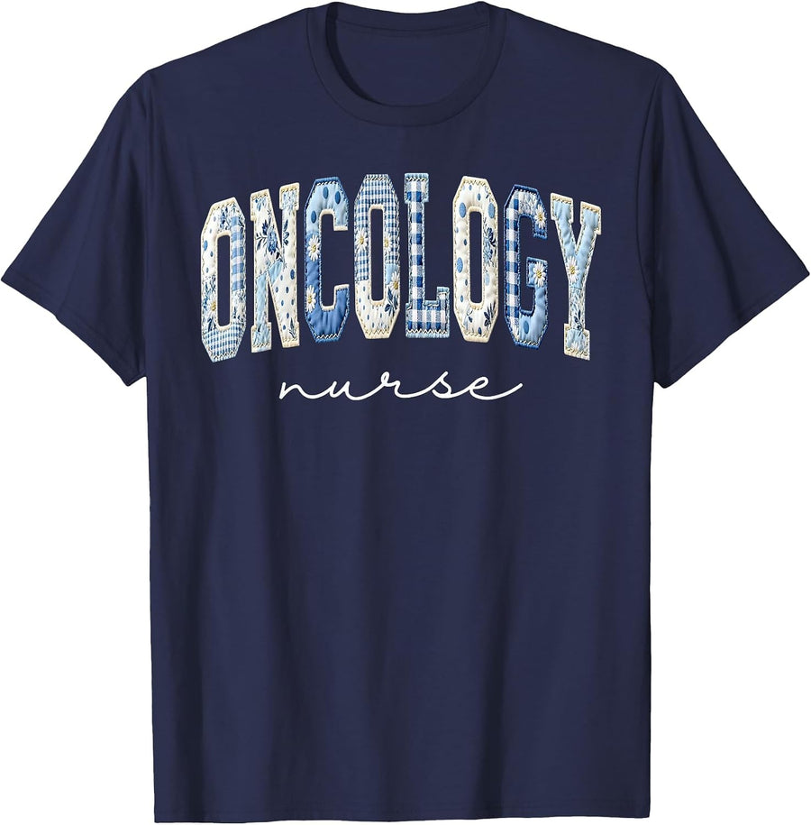 Floral Oncology Nurse Patchwork Pediatric Hem-Onc Cancer Dr T-Shirt - Navy Blue