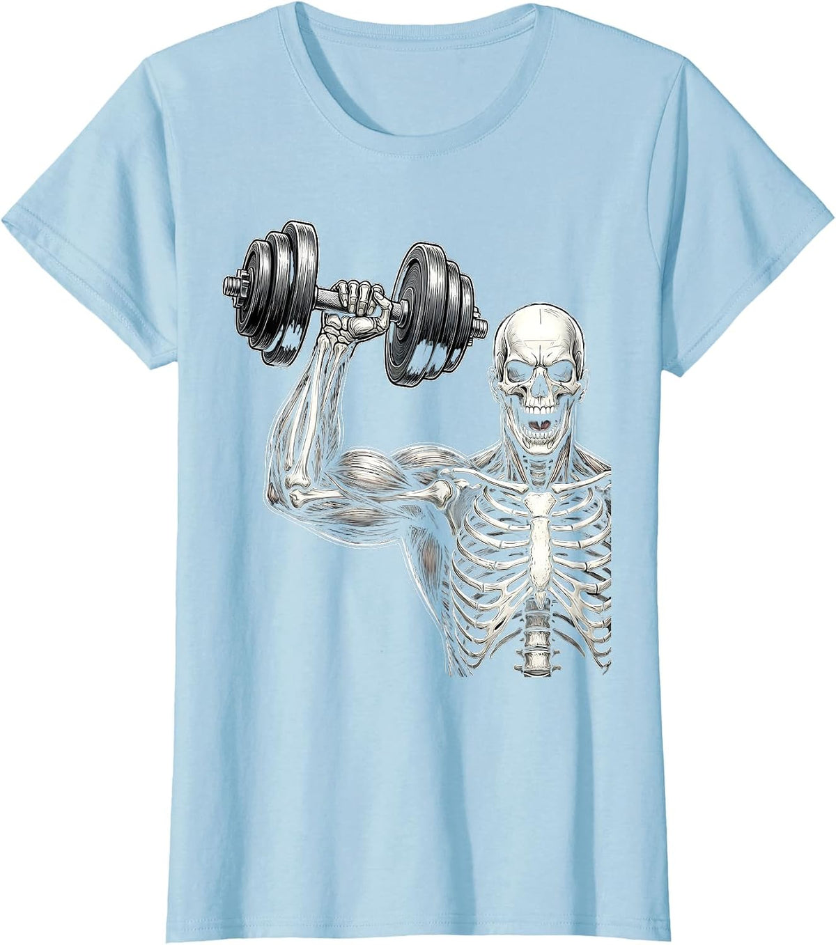 Skeleton Flexing Bicep Curl Gym Graphic T-Shirt - Baby Blue