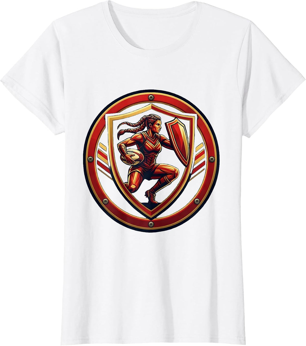Women's Woman Warrior Rugby Ball and Shield Illustration T-Shirt - White