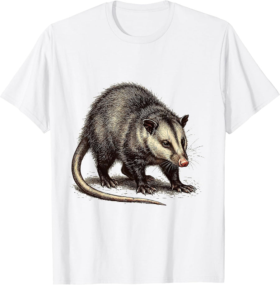 Men's Stubborn Opossum Crosshatch Etching Animal Meme Humor T-Shirt - White