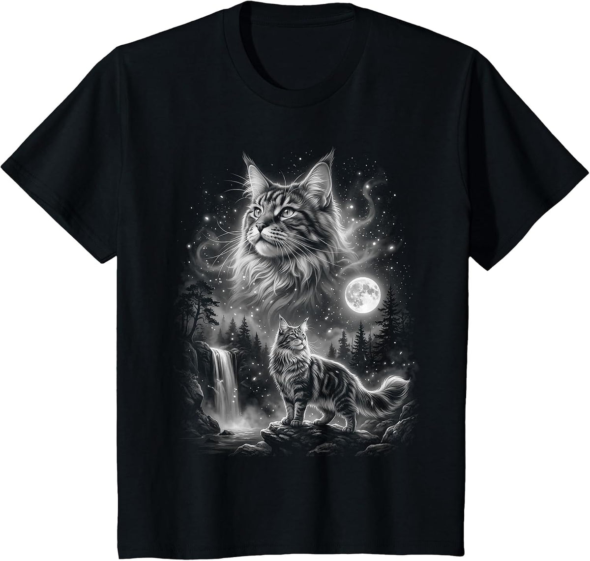 Maine Coon Cat Howling At The Moon T-Shirt - Black