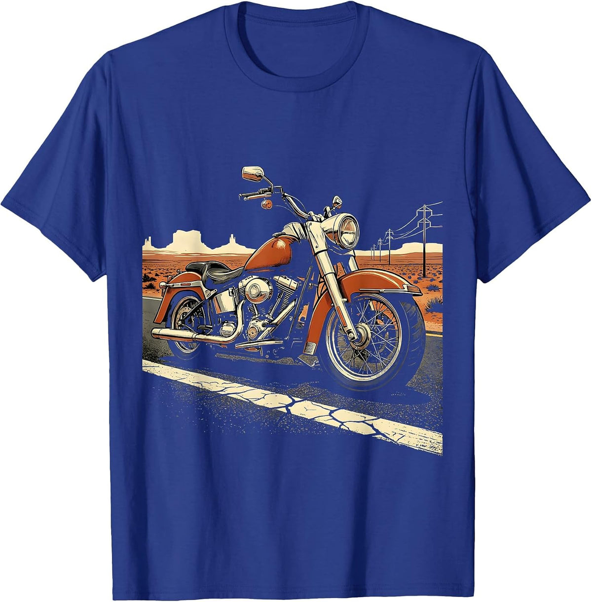 Men's Vintage Motorcycle Route 66 Classic Biker Graphic T-Shirt - Royal Blue