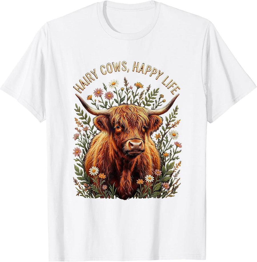 Hairy Cows Happy Life Highland Cow Design T-Shirt - White