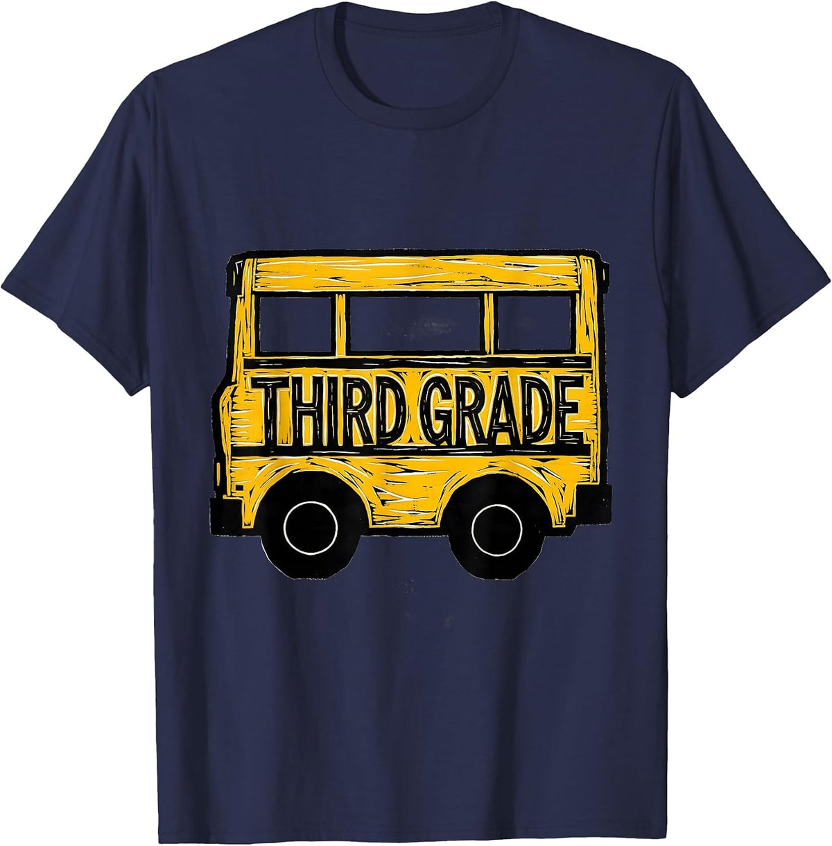 Men's Third Grade Linocut School Bus Teacher Student First Day T-Shirt - Navy Blue