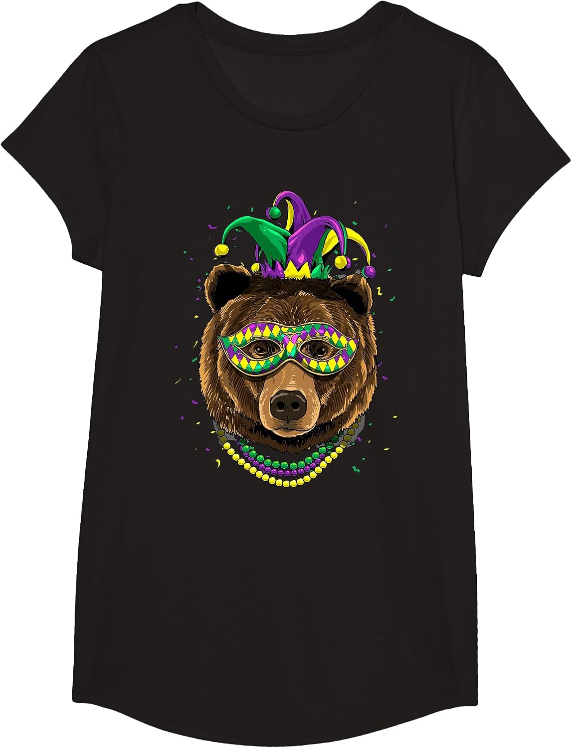 Bear Animal Lover Cute Mardi Gras Carnival Jester T-Shirt, Girls, Black, Large - As Pictured