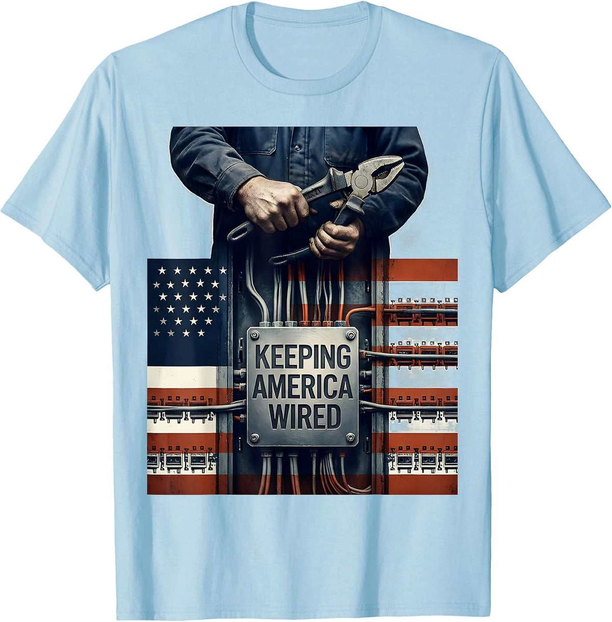 Men's Keeping America Wired Distressed Electrician American Flag T-Shirt - Baby Blue