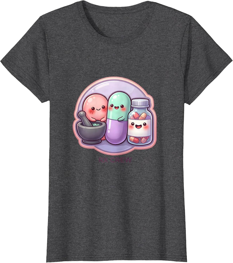 Women's Rx Crew Cute Kawaii Pharmacy Tech Pharmacist Squad T-Shirt - Dark Heather Grey