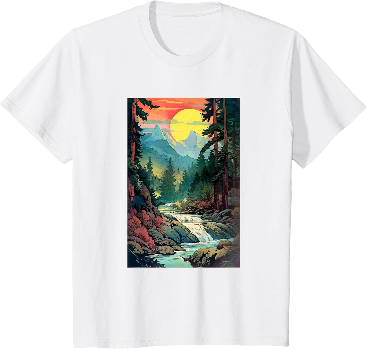 Mountains Trees River Waterfall Woodsy Nature Scene Outdoors T-Shirt - White