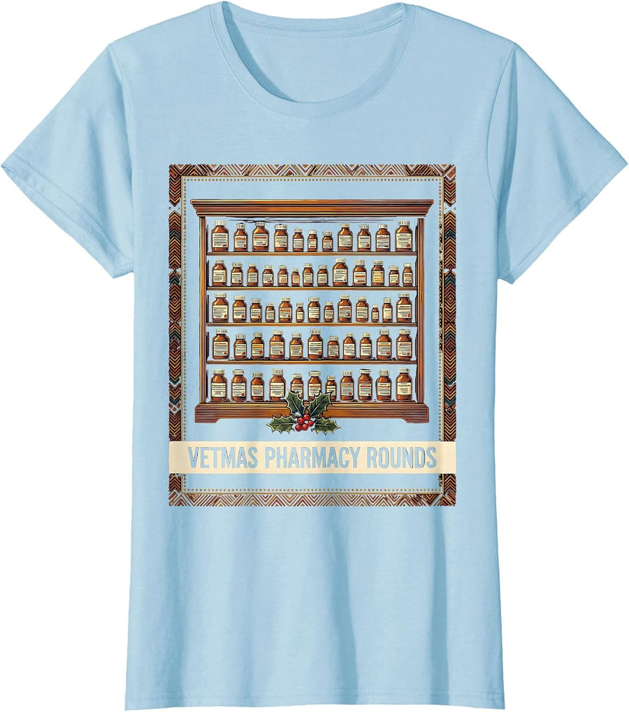 Women's Vetmas Pharmacy Rounds Folk Art Vet Tech Christmas Humor T-Shirt - Baby Blue