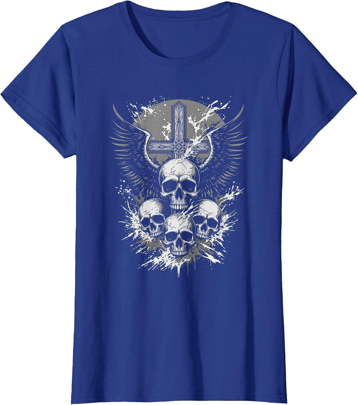 Gothic Skull Cross Art Wings Grunge Punk Y2K Emo Aesthetic T-Shirt - Royal Blue