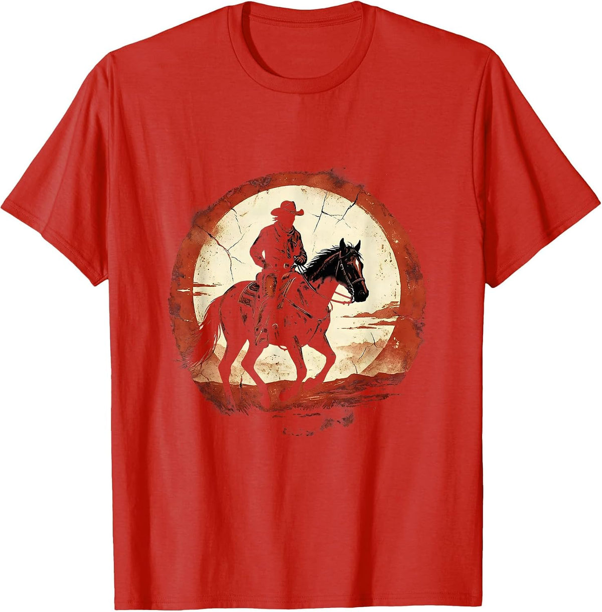 Men's Lone Cowboy Riding Into the Sunset Western Art T-Shirt - Red