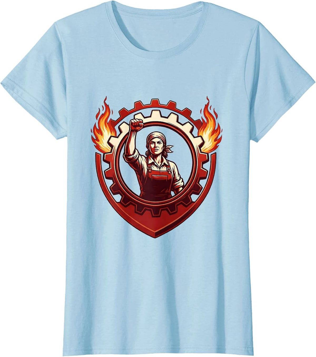 Rosie The Riveter Silhouette Gear and Flames T-Shirt - Baby Blue