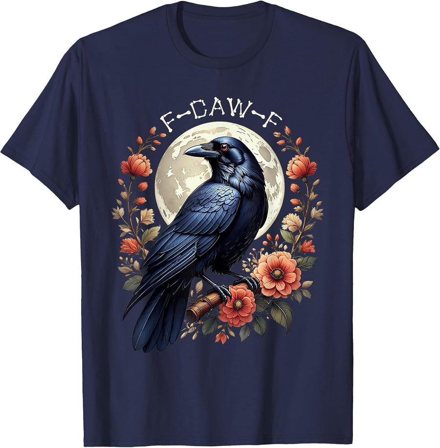 F-Caw-F Raven Crow Floral Moon Gothic Vintage Nature T-Shirt - Navy Blue