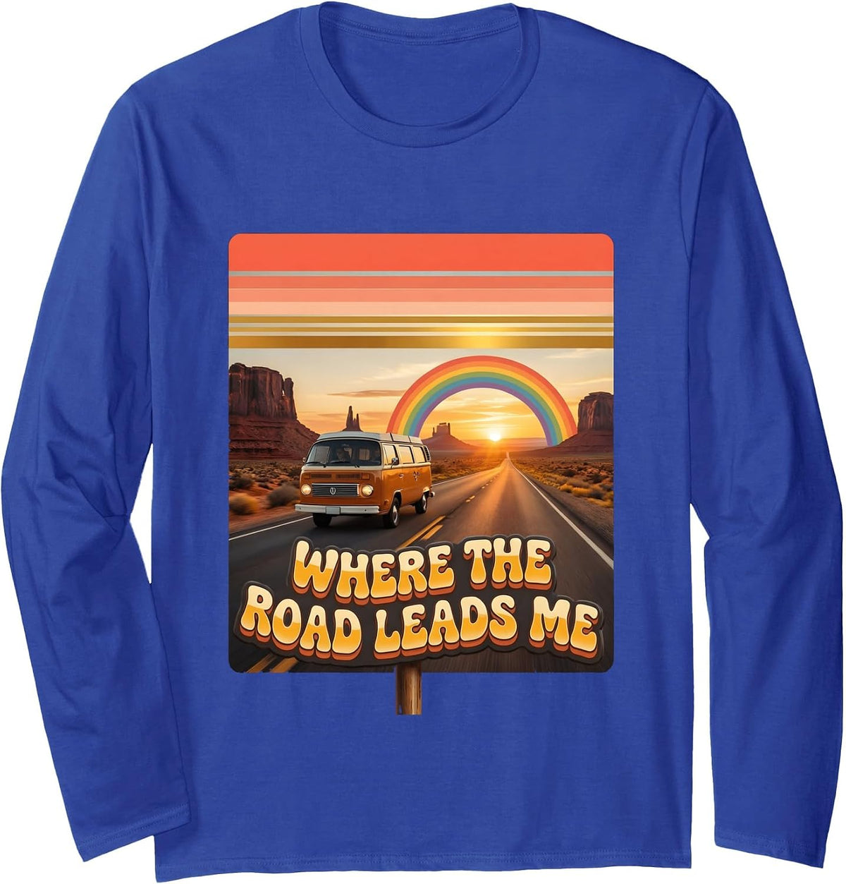 Route 66 Where The Road Leads Me Design Long Sleeve T-Shirt - Adult Unisex Royal Blue