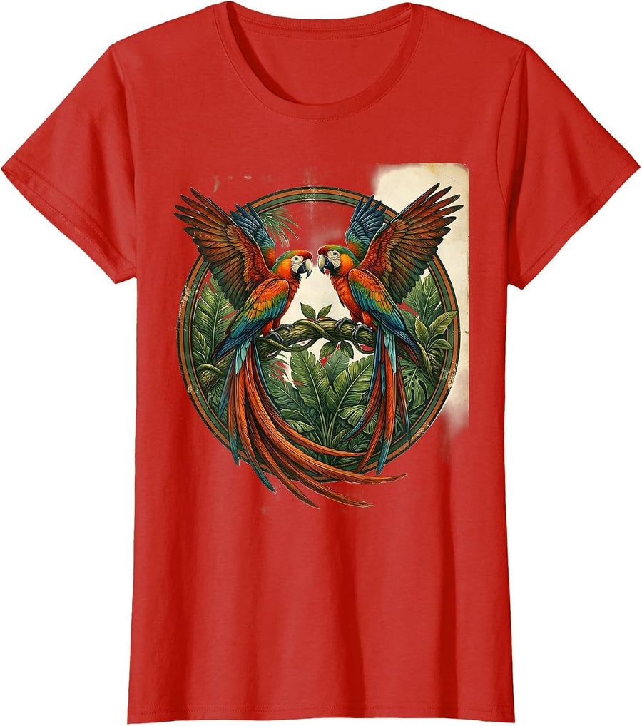 Women's Brasil Macaw Pair Facing on Vine Graphic T-Shirt - Red