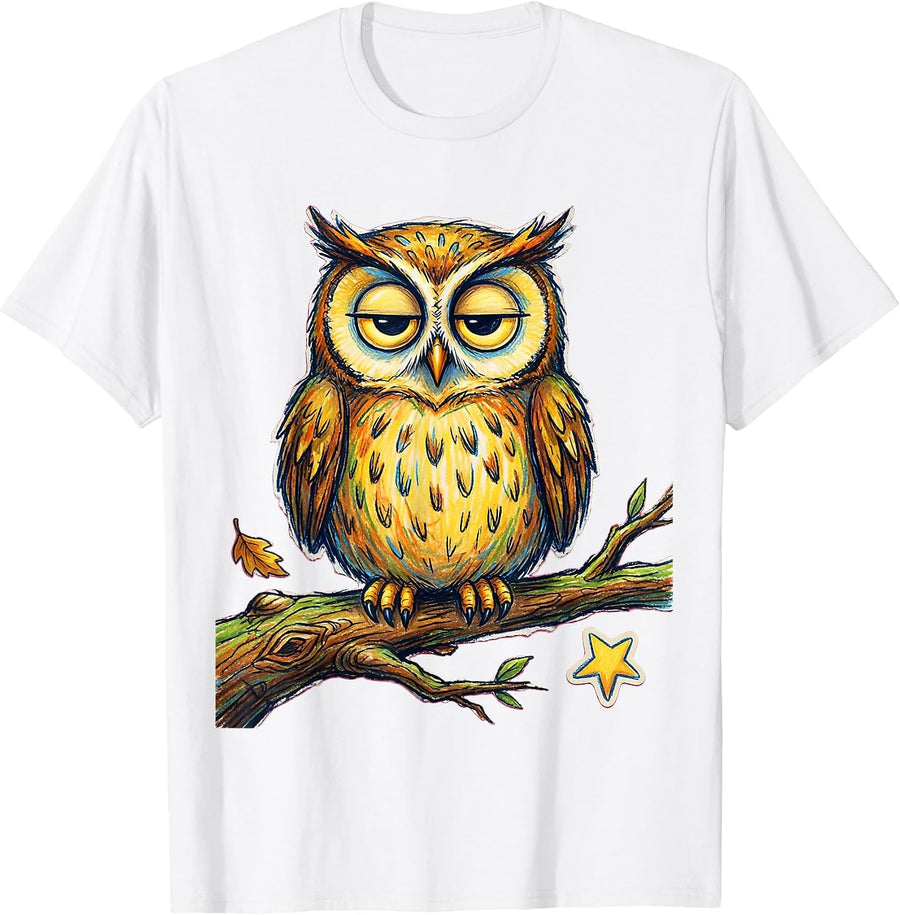 Men's Unamused Owl on Broken Branch Illustration T-Shirt - White