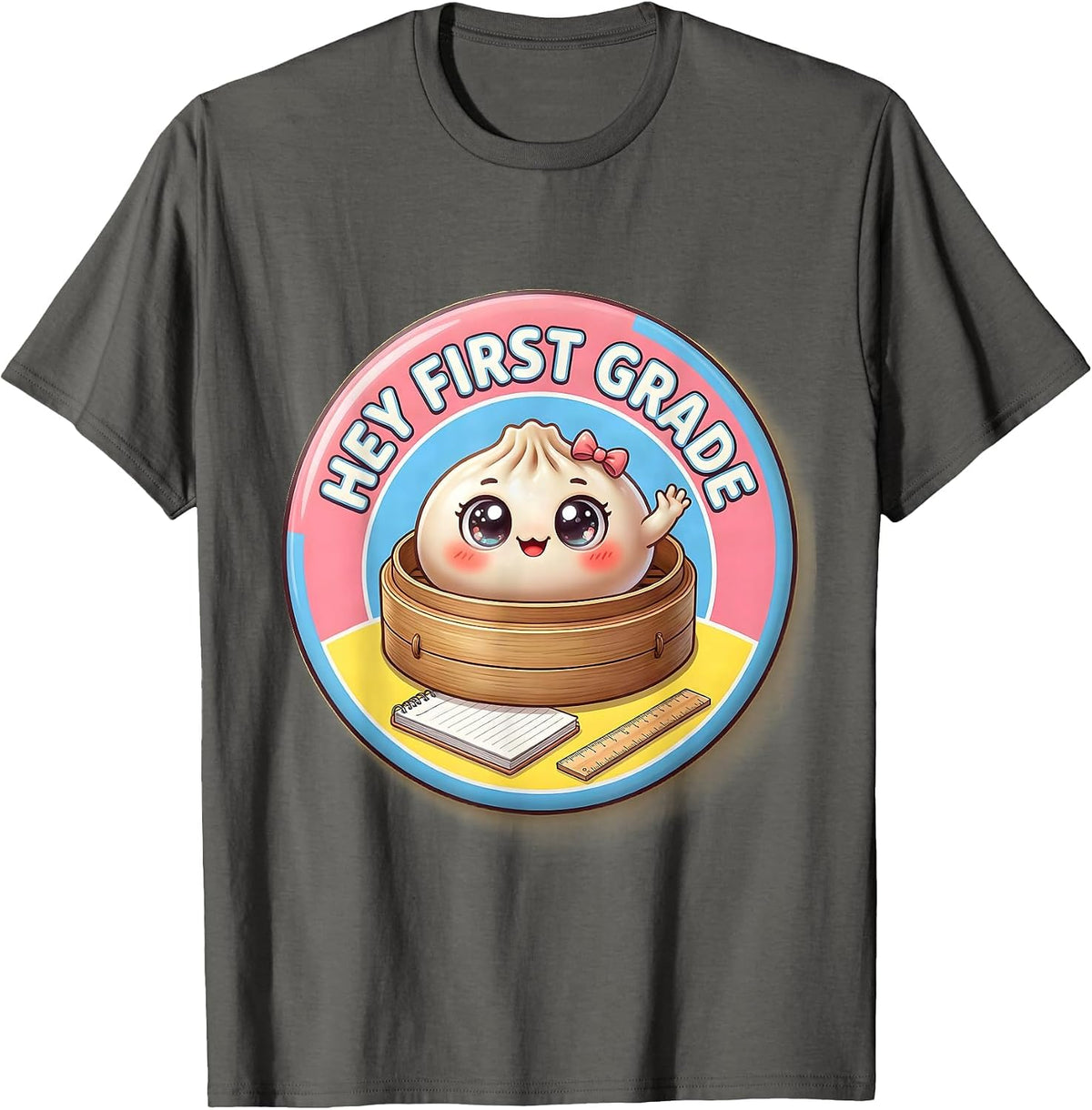 Hey First Grade Cute Dumpling Back to School Girl Teacher T-Shirt - Asphalt Grey