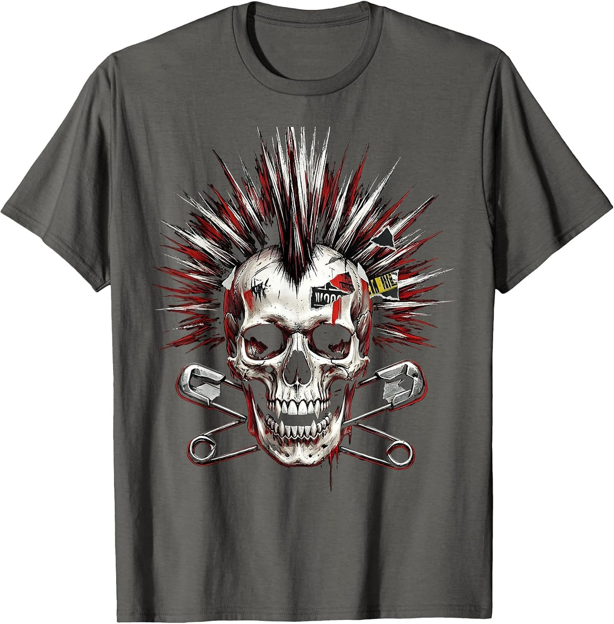 Mohawk Skull Crossed Safety Pins Punk Rock Design T-Shirt - Asphalt Grey