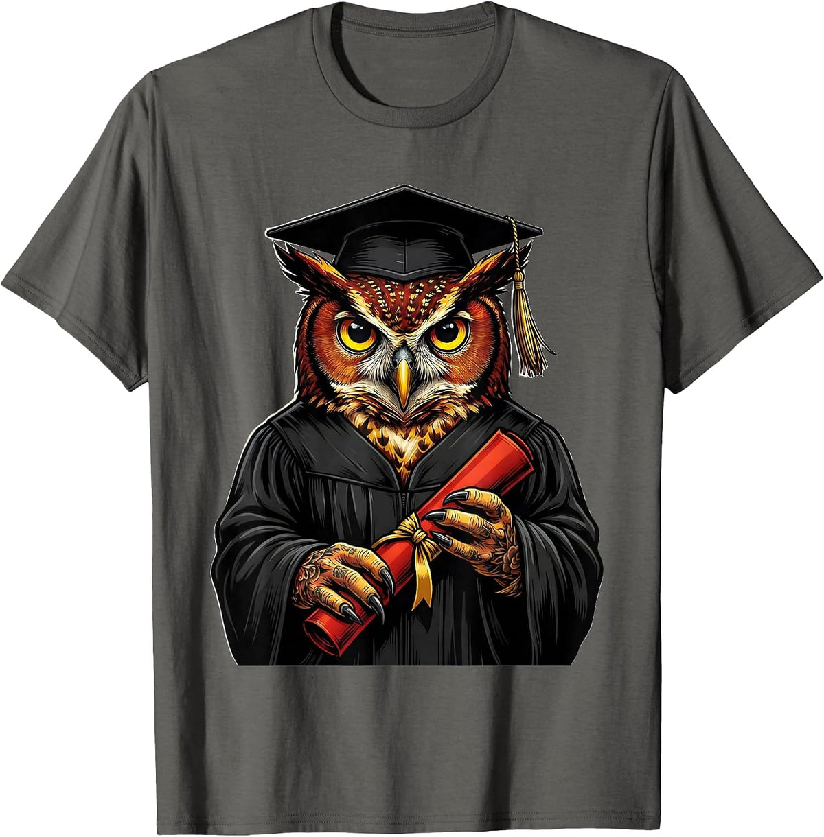Men's Red Teacher Owl Graduation Gown Diploma Design T-Shirt - Asphalt Grey