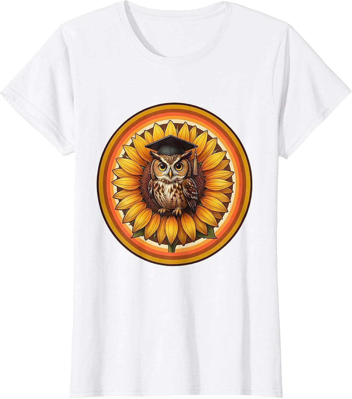 Owl Graduation Cap Sunflower Yellow Teacher Gift T-Shirt - White