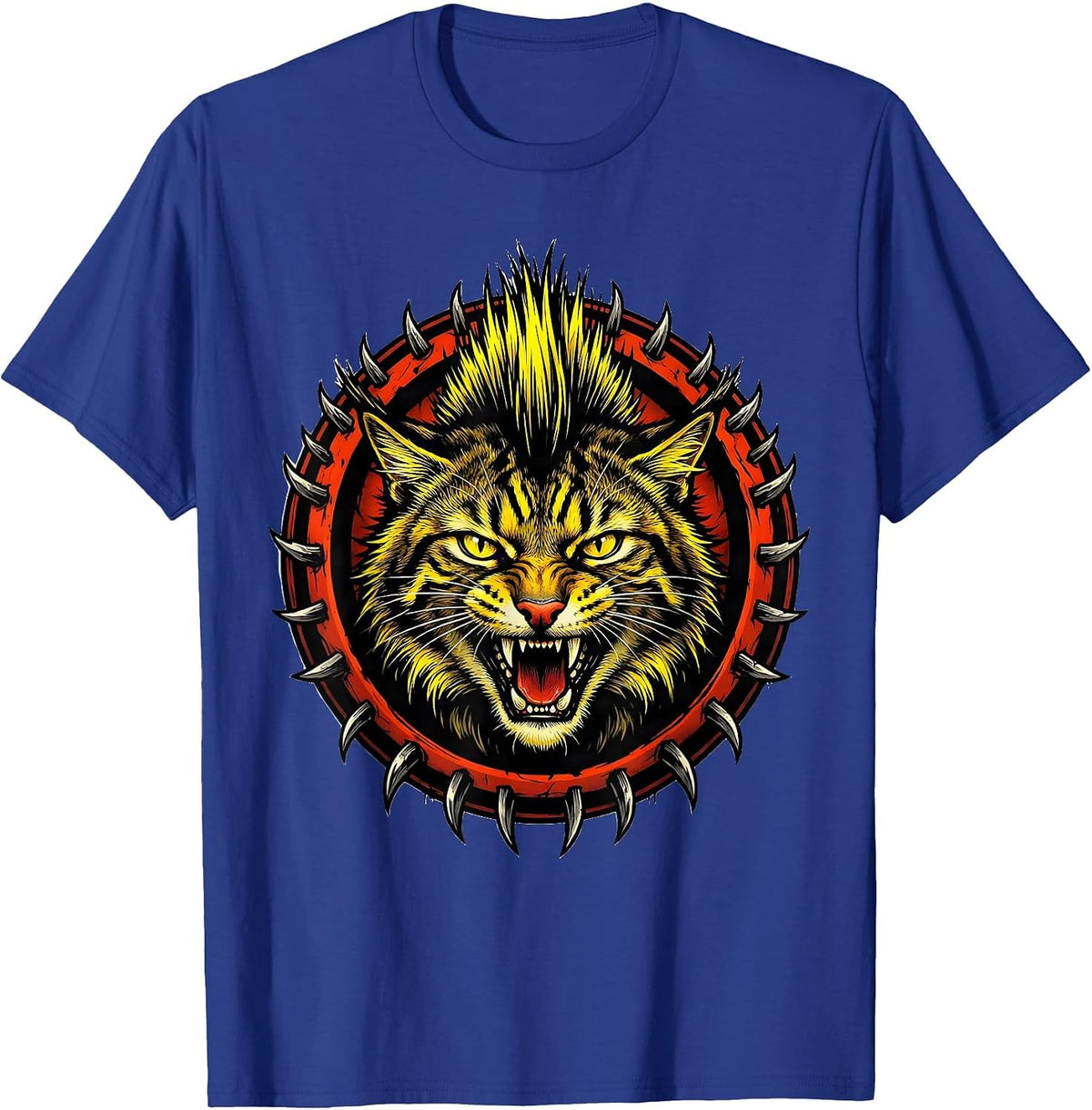 Neon Mohawk Wild Cat Punk Graphic Tee T-Shirt - Royal Blue