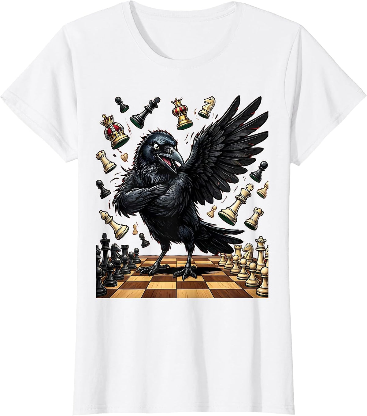 Women's Crow Knocking Chess Pieces Off Board T-Shirt - White