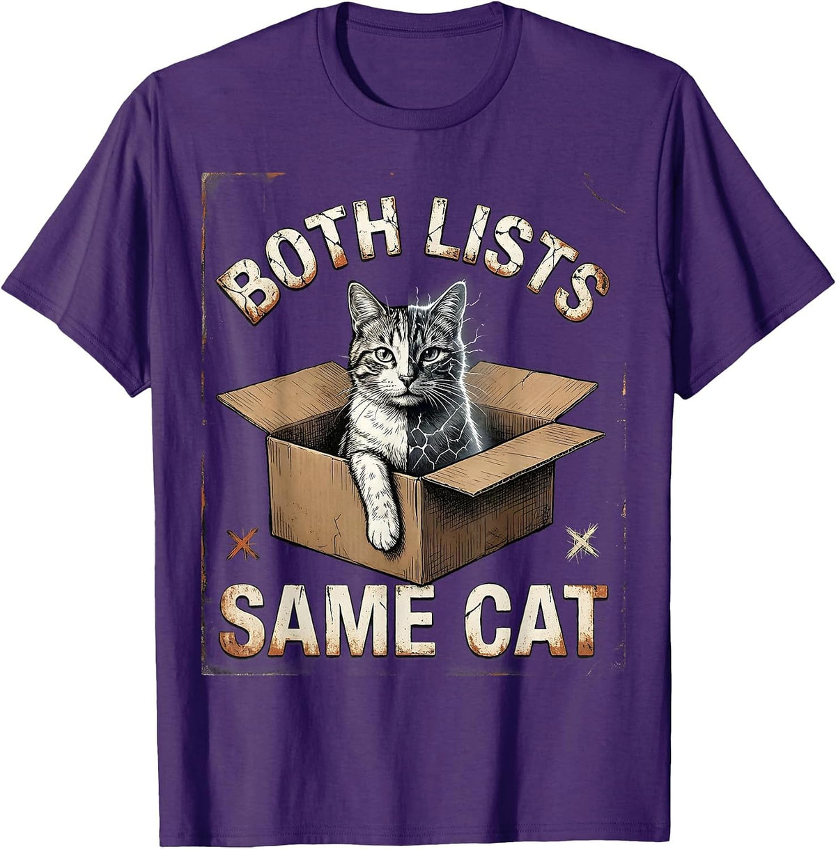 Both Lists Same Cat Distressed Quantum Physics Humor T-Shirt - Purple