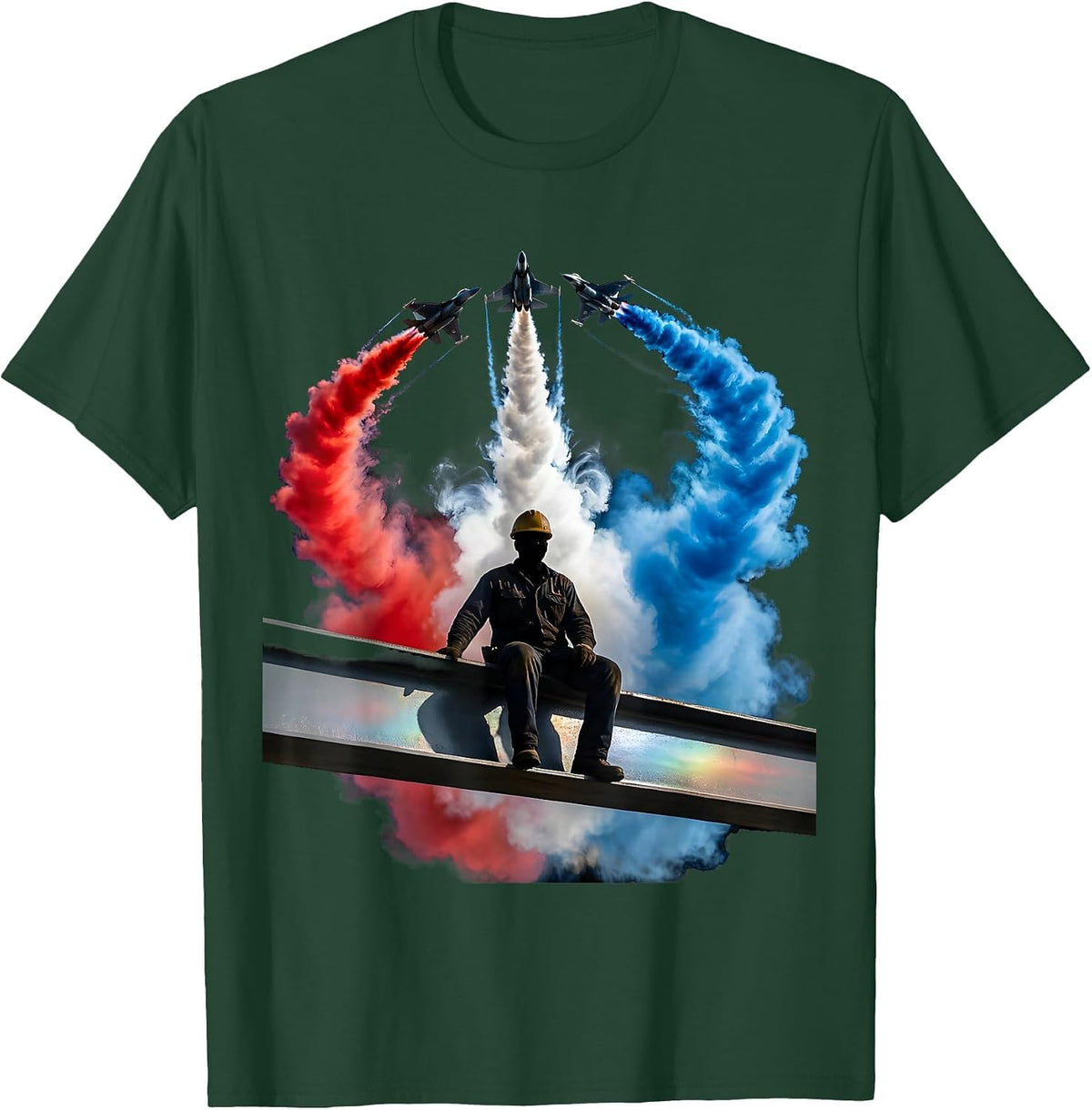 Men's Iron Worker Sunset Steel Beam Construction Art T-Shirt - Dark Green