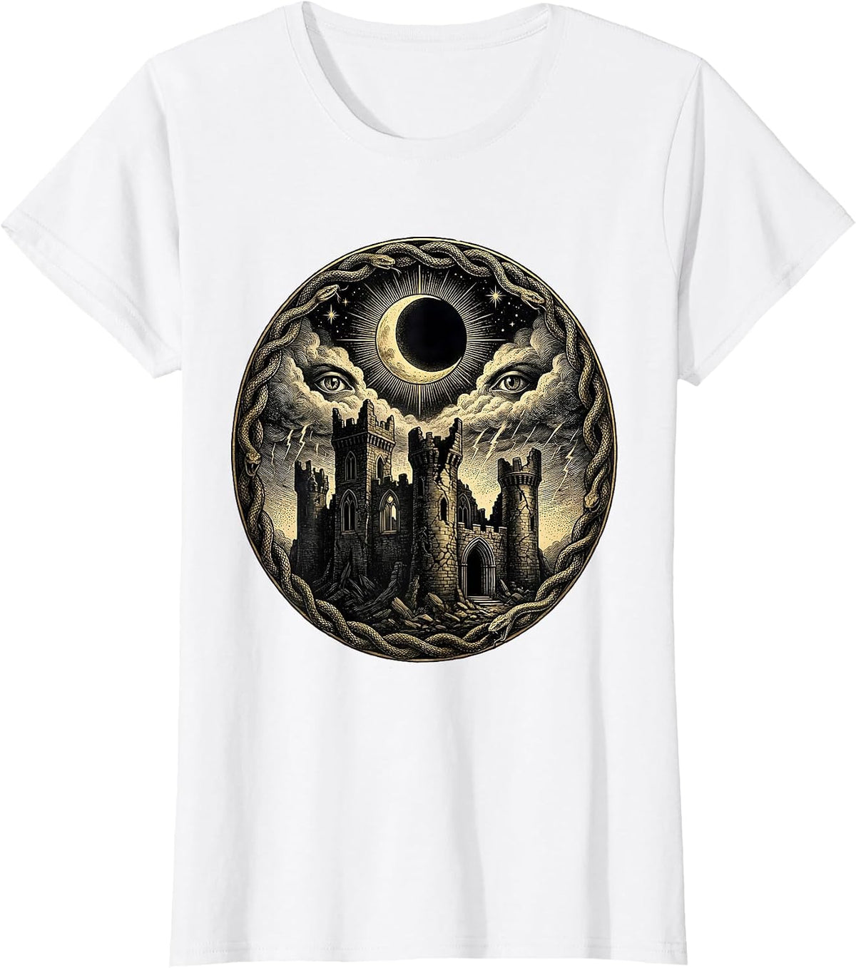 Women's Crumbling Castle Blood Red Storm Heavy Metal Art T-Shirt - White