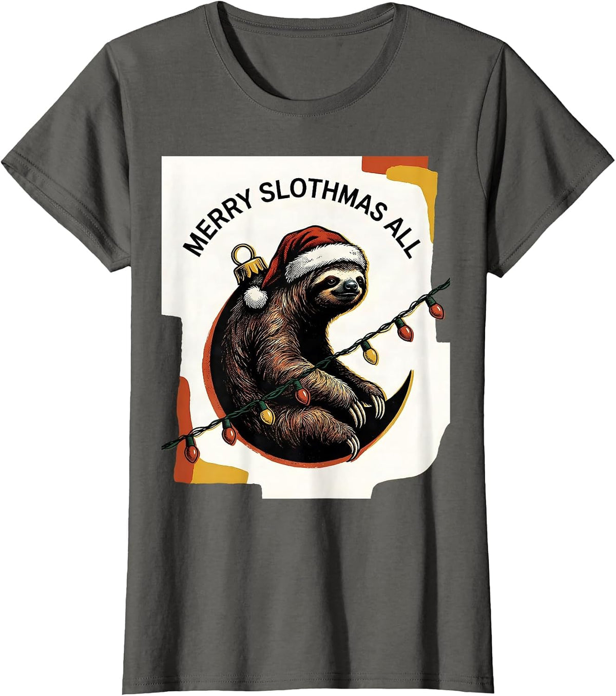 Women's Merry Slothmas, All Funny Sloth Lover Christmas Lights T-Shirt - Asphalt Grey
