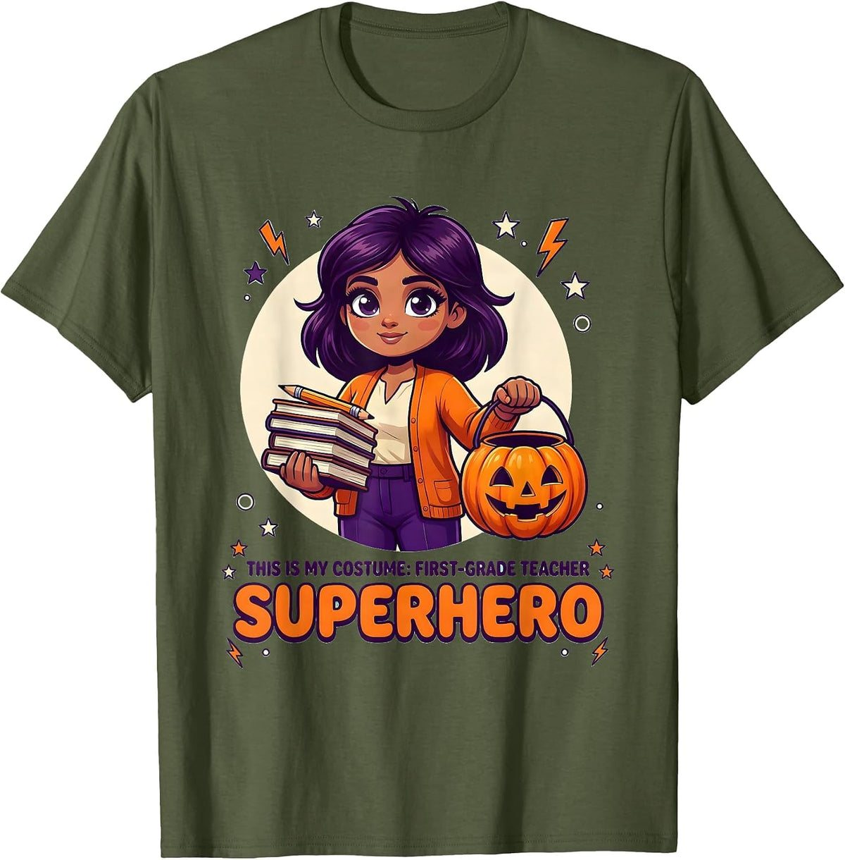 Men's THIS IS MY COSTUME: FIRST-GRADE TEACHER SUPERHERO Halloween T-Shirt - Olive Green