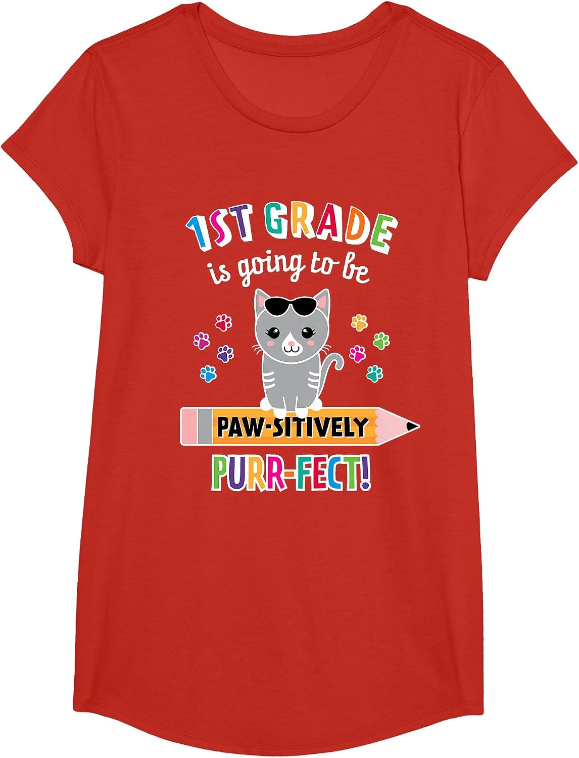 First Day of School First Grade Back to School Cat T-Shirt - Girls Red