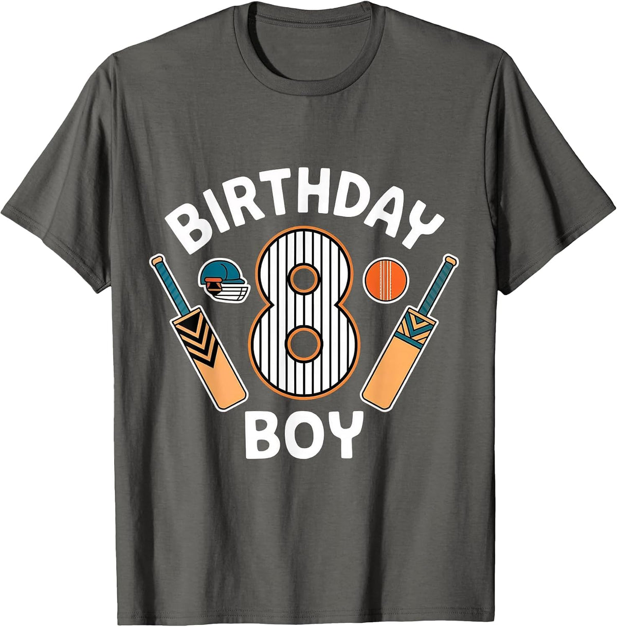Fun 8th Birthday Cricket Boys Kid 8 Years Old Cricket Themed T-Shirt - Asphalt Grey